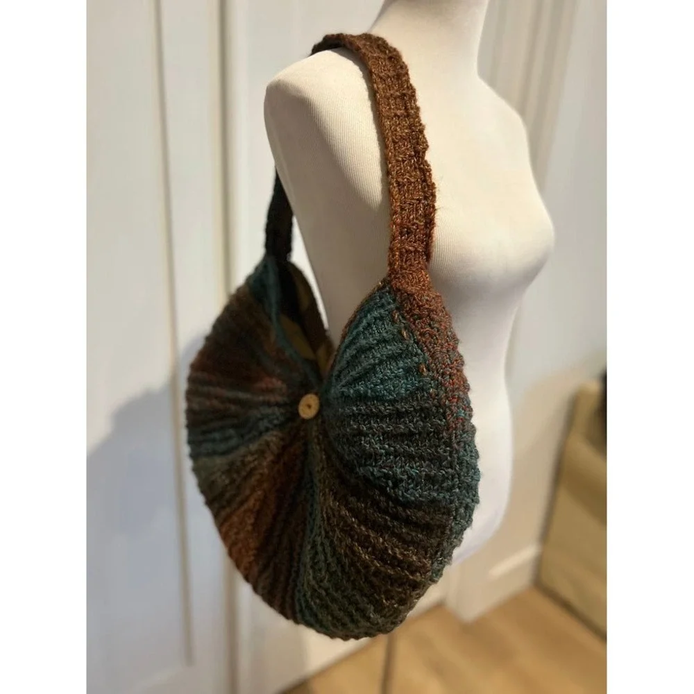 Crocheted Shoulder Bag Boho Artisan‎ Button Detail Teal Brown